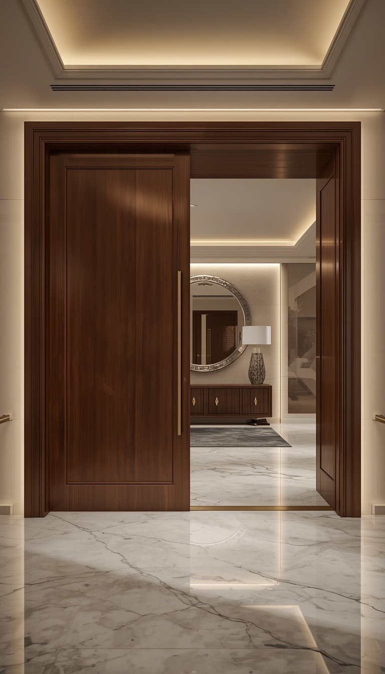 Lucid origin Ultra photorealistic luxury apartment entrance  Large pivot walnut door  Italian 0